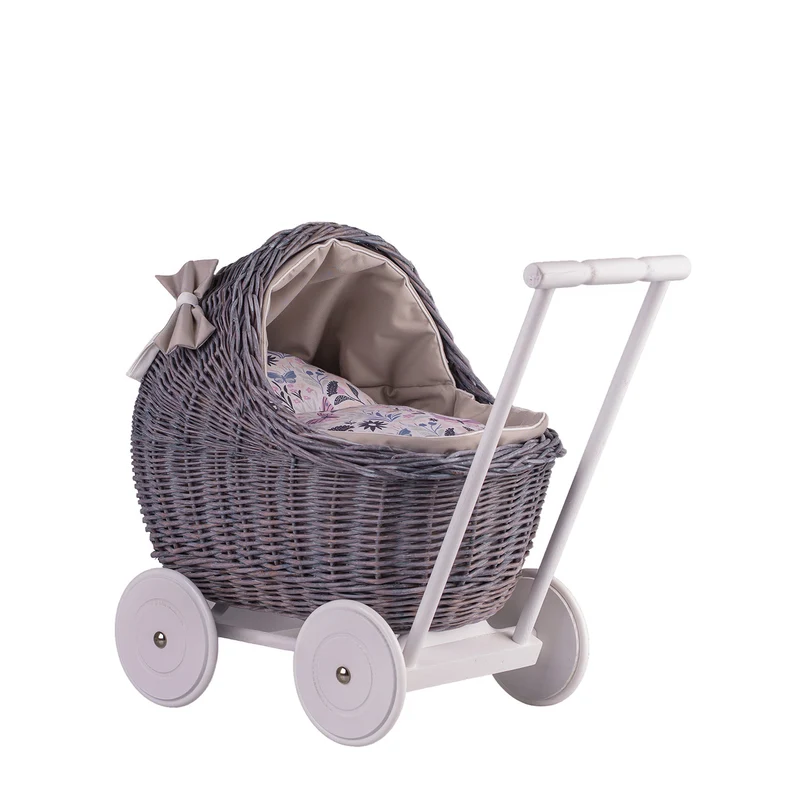 Lili wicker doll stroller with beige trim, blanket, and pillow TheWickerStories