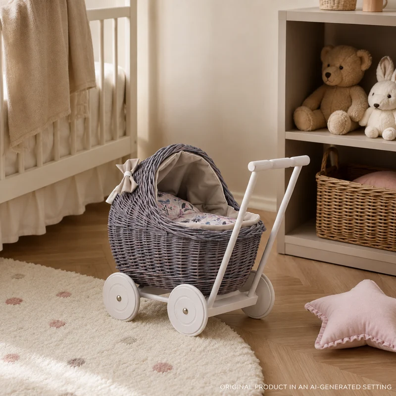 Lili wicker doll stroller with beige trim, blanket, and pillow TheWickerStories