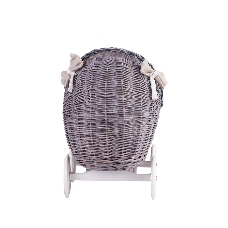Lili wicker doll stroller with beige trim, blanket, and pillow TheWickerStories