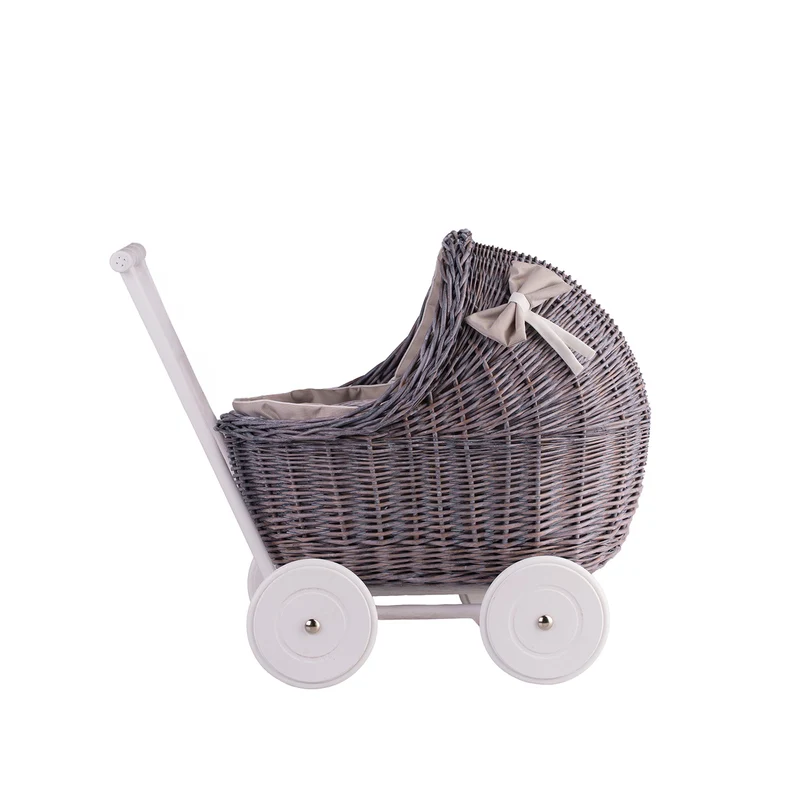Lili wicker doll stroller with beige trim, blanket, and pillow TheWickerStories