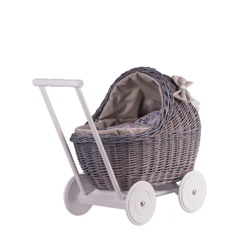 Lili wicker doll stroller with beige trim, blanket, and pillow TheWickerStories
