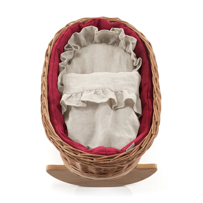 Desayer wicker cradle for dolls with red piping, with pillow and quilt TheWickerStories