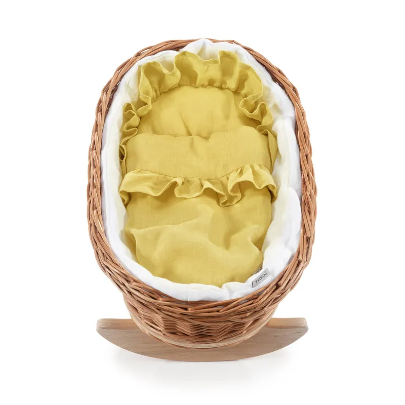Desayerwiklinowa wicker doll cradle with yellow trim, with pillow and blanket TheWickerStories