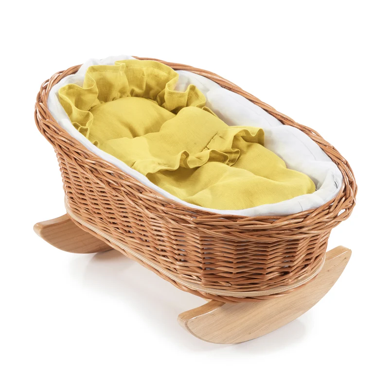 Desayerwiklinowa wicker doll cradle with yellow trim, with pillow and blanket TheWickerStories