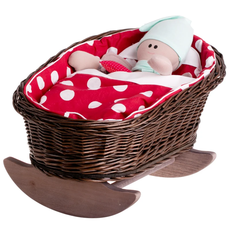 Mimi wicker doll cradle with red trim, including pillow and blanket TheWickerStories