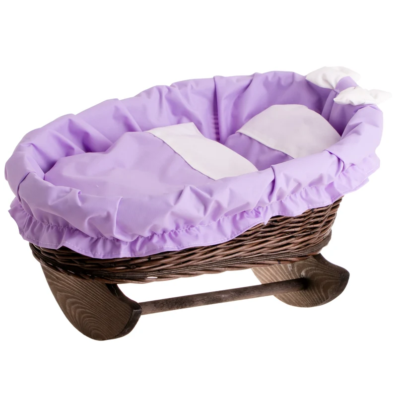 Mimi wicker doll cradle with purple trim, blanket and pillow on wooden rockers — TheWickerStories