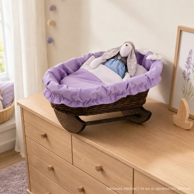 Mimi wicker doll cradle with purple trim, blanket and pillow on wooden rockers — TheWickerStories