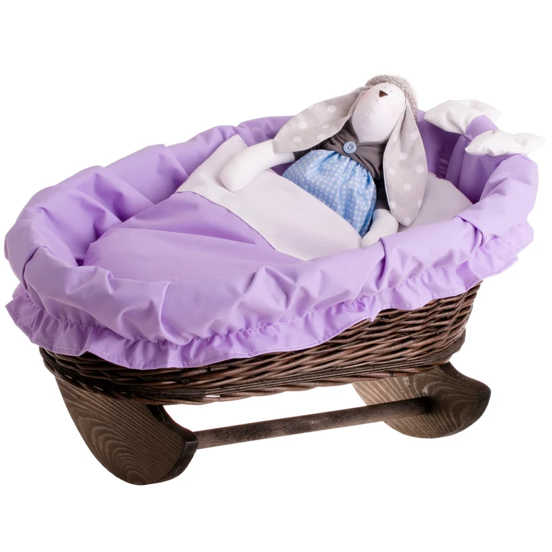 Mimi wicker doll cradle with purple trim, blanket and pillow on wooden rockers — TheWickerStories