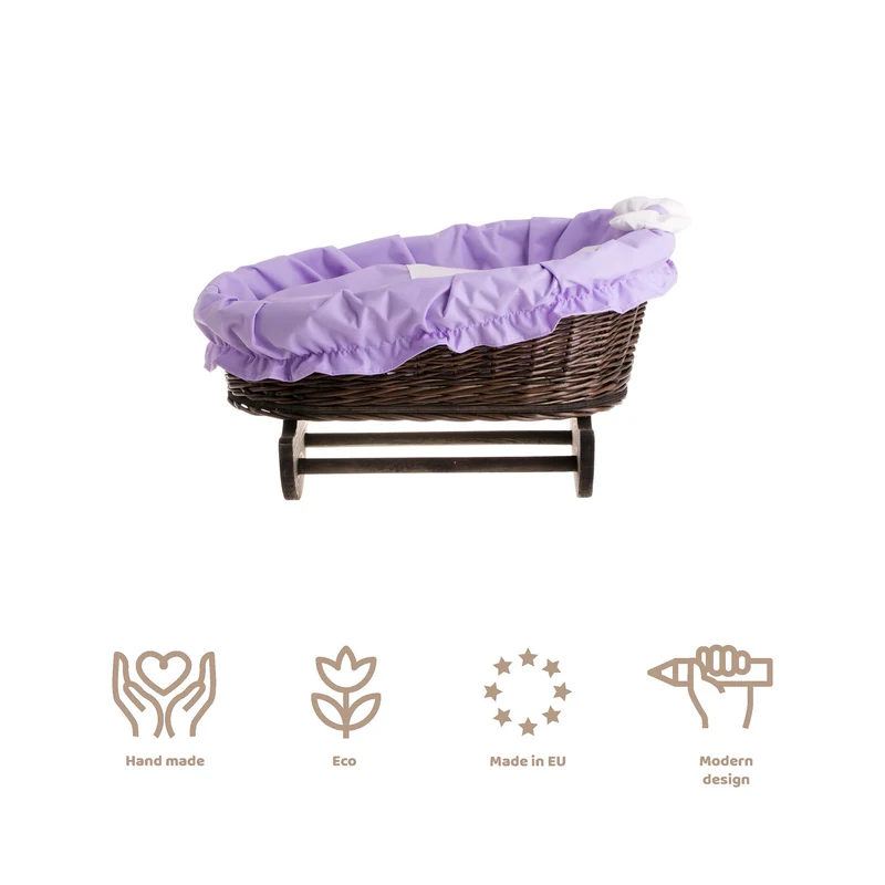 Mimi wicker doll cradle with purple trim, blanket and pillow on wooden rockers — TheWickerStories