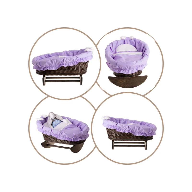 Mimi wicker doll cradle with purple trim, blanket and pillow on wooden rockers — TheWickerStories