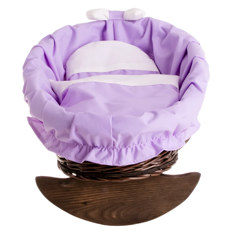 Mimi wicker doll cradle with purple trim, blanket and pillow on wooden rockers — TheWickerStories