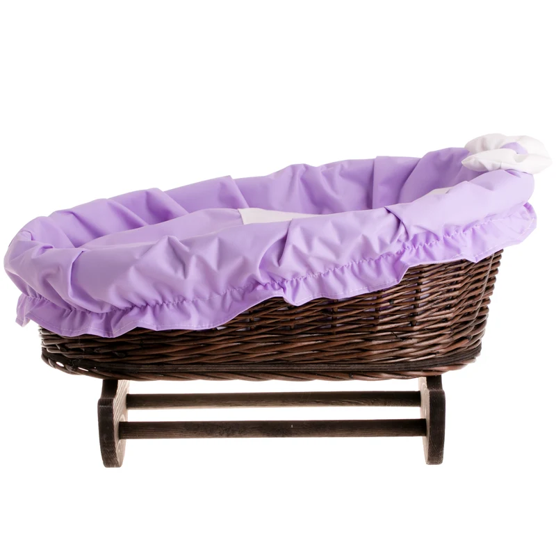 Mimi wicker doll cradle with purple trim, blanket and pillow on wooden rockers — TheWickerStories