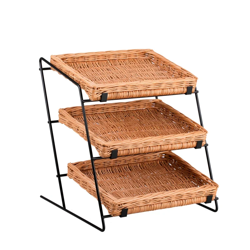 Tiforia wicker countertop display stand with three baskets on a metal frame TheWickerStories