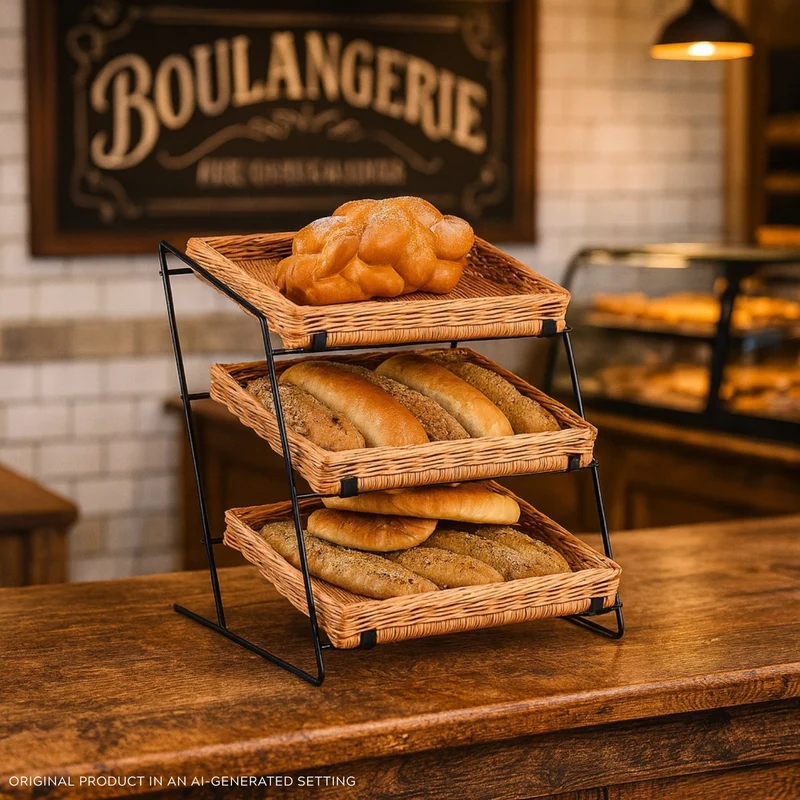 Tiforia wicker countertop display stand with three baskets on a metal frame TheWickerStories