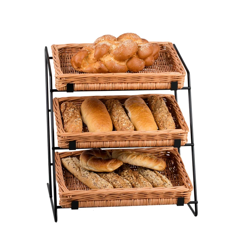 Tiforia wicker countertop display stand with three baskets on a metal frame TheWickerStories