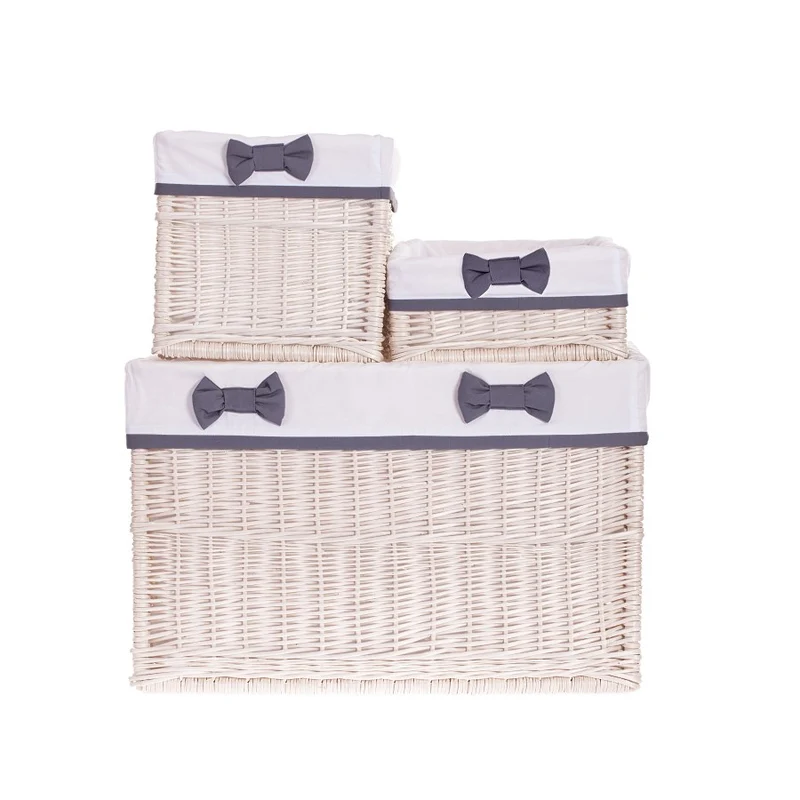 Nova wicker storage basket with white trim, set of 3 pcs, with bows TheWickerStories