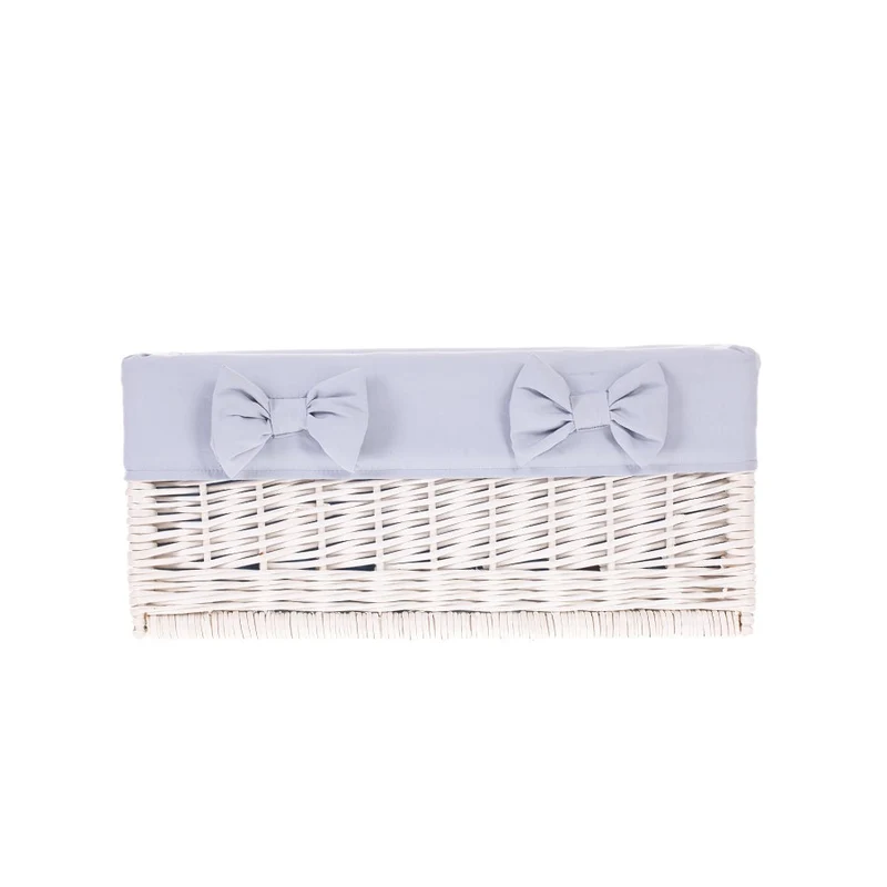 Nova wicker storage basket for shelf with gray trim and bows TheWickerStories