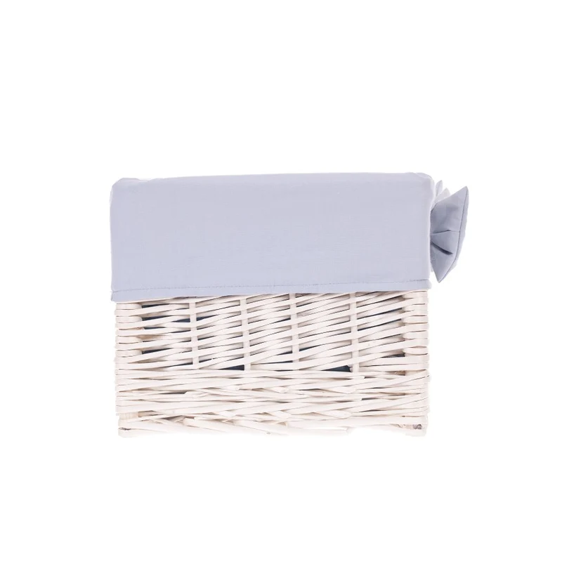Nova wicker storage basket for shelf with gray trim and bows TheWickerStories