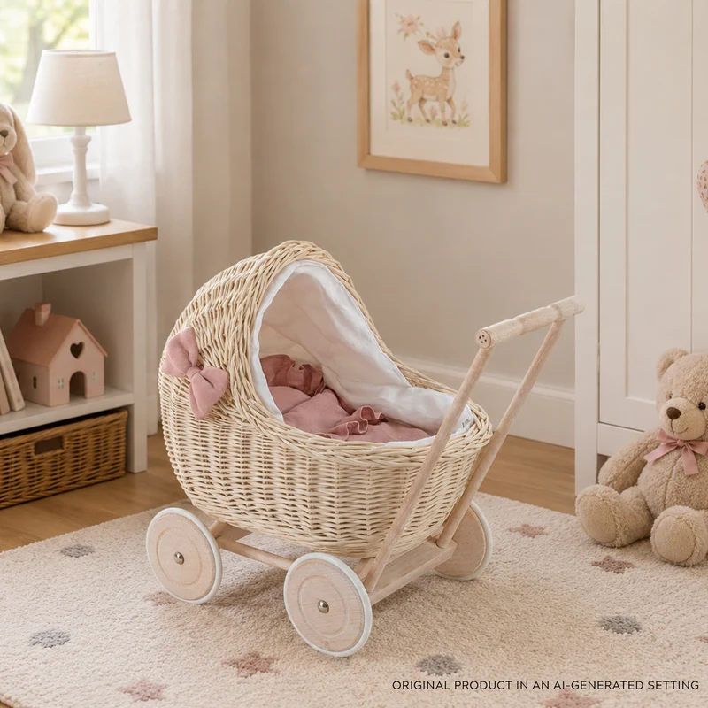 Desayer wicker doll stroller with linen trim and pink bedding, including a quilt, pillow, and handle TheWickerStories