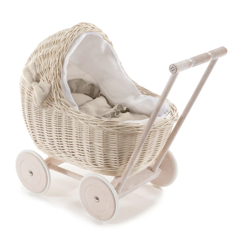 Desayer wicker doll stroller with white trim, blanket, and pillow, with handle TheWickerStories