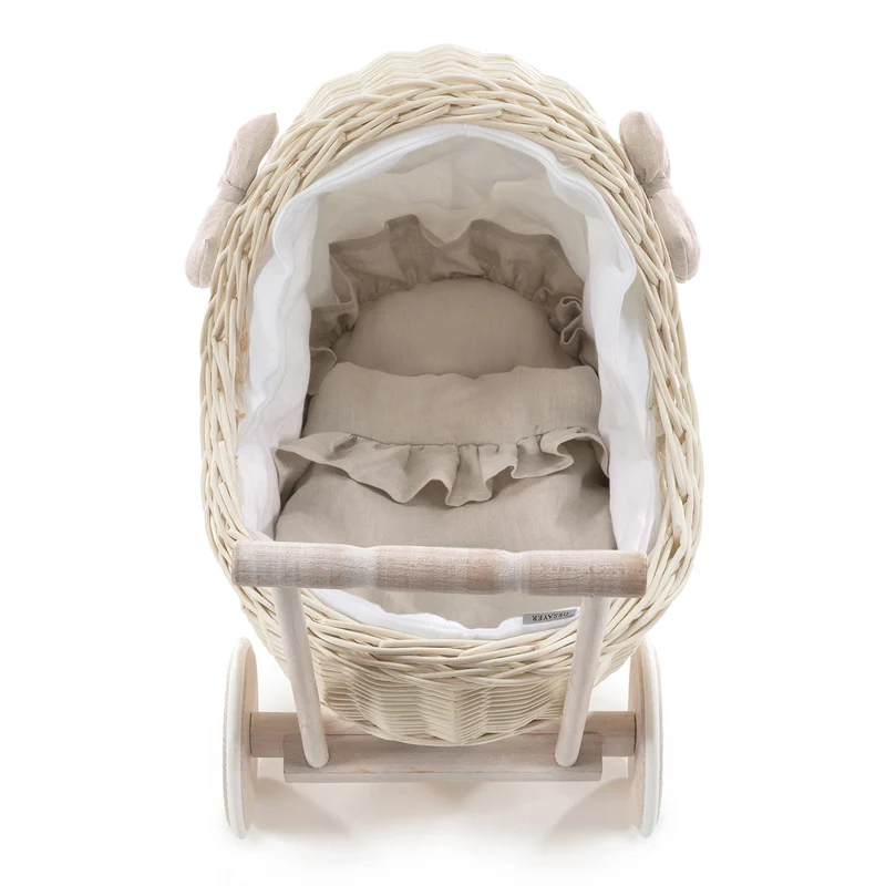 Desayer wicker doll stroller with white trim, blanket, and pillow, with handle TheWickerStories