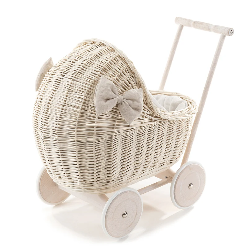 Desayer wicker doll stroller with white trim, blanket, and pillow, with handle TheWickerStories