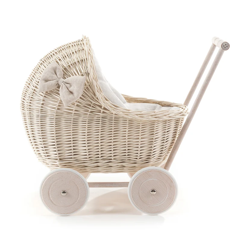 Desayer wicker doll stroller with white trim, blanket, and pillow, with handle TheWickerStories