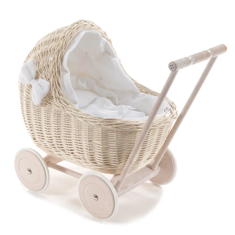 Desayer wicker doll stroller with white trim, blanket, and pillow, with handle TheWickerStories