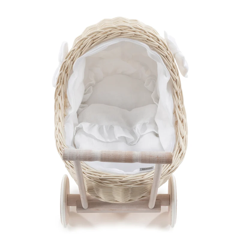 Desayer wicker doll stroller with white trim, blanket, and pillow, with handle TheWickerStories