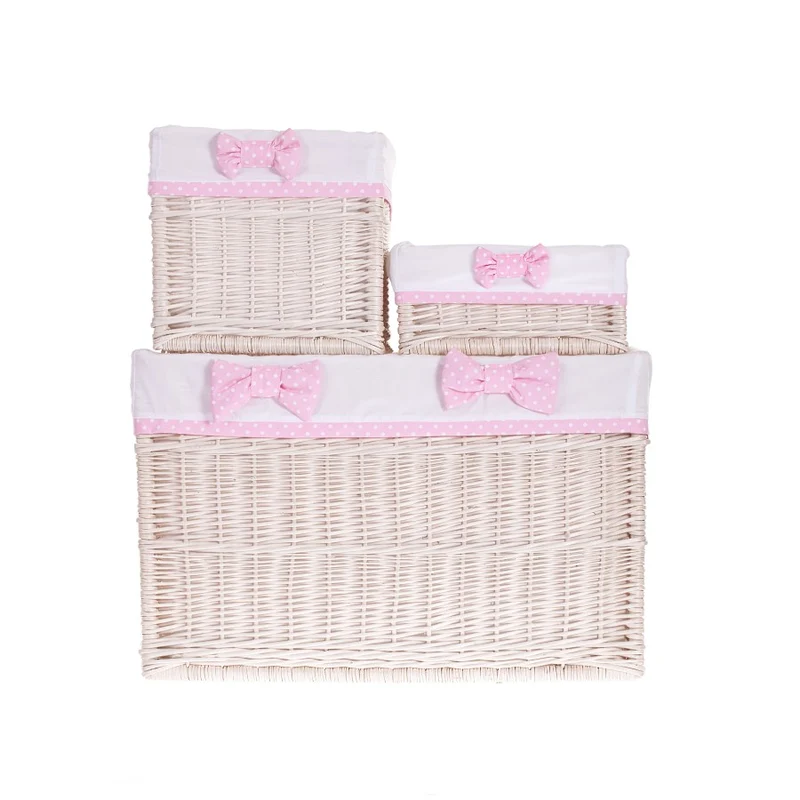 Nova wicker storage basket set with white trim and bows TheWickerStories