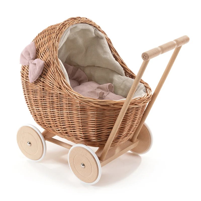 Desayer wicker doll stroller with pink trim, handle, pillow, and blanket TheWickerStories