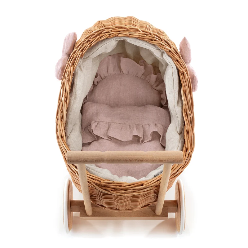 Desayer wicker doll stroller with pink trim, handle, pillow, and blanket TheWickerStories