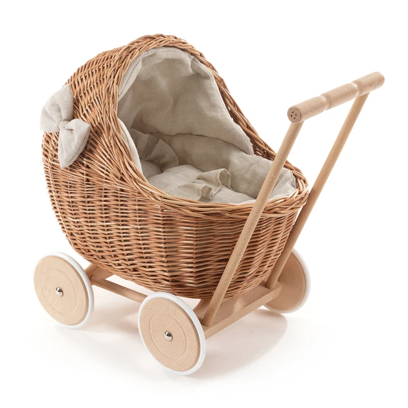 Desayer wicker doll stroller with beige trim, handle, pillow, and blanket TheWickerStories