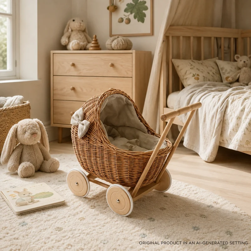 Desayer wicker doll stroller with beige trim, handle, pillow, and blanket TheWickerStories