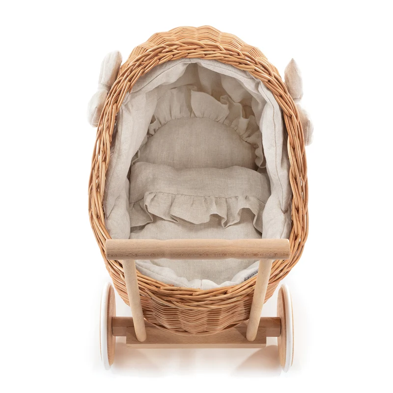 Desayer wicker doll stroller with beige trim, handle, pillow, and blanket TheWickerStories