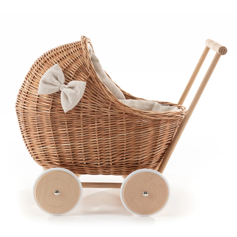 Desayer wicker doll stroller with beige trim, handle, pillow, and blanket TheWickerStories