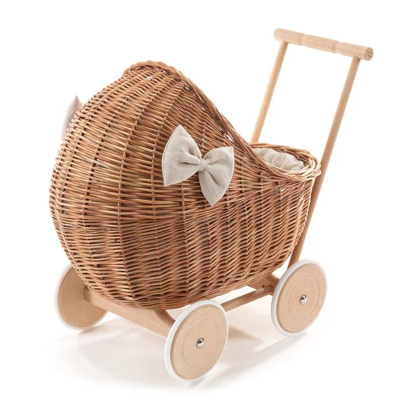 Desayer wicker doll stroller with beige trim, handle, pillow, and blanket TheWickerStories