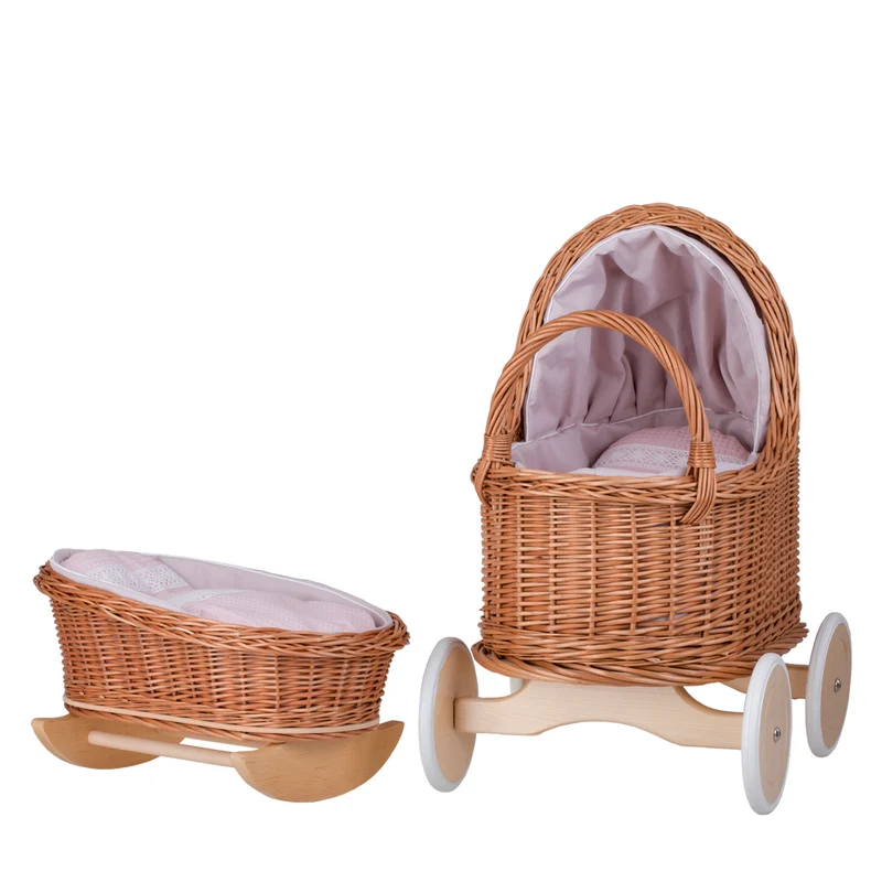 Lara wicker doll stroller and cradle with pink trim, blanket, and pillow TheWickerStories