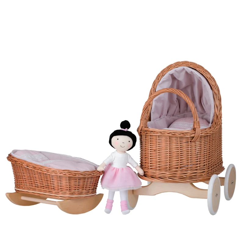 Lara wicker doll stroller and cradle with pink trim, blanket, and pillow TheWickerStories