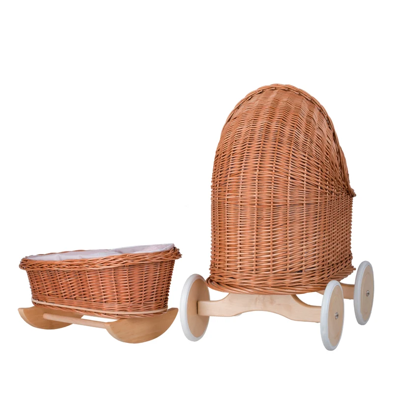 Lara wicker doll stroller and cradle with pink trim, blanket, and pillow TheWickerStories