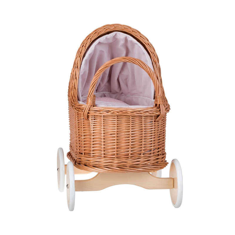 Lara wicker doll stroller and cradle with pink trim, blanket, and pillow TheWickerStories