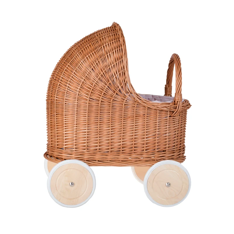 Lara wicker doll stroller and cradle with pink trim, blanket, and pillow TheWickerStories