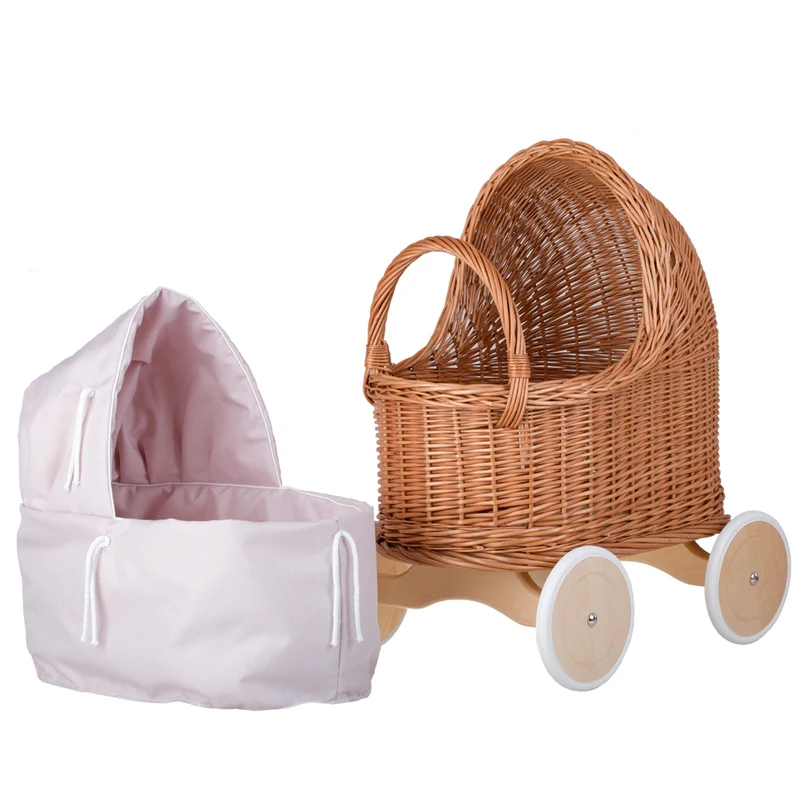 Lara wicker doll stroller and cradle with pink trim, blanket, and pillow TheWickerStories
