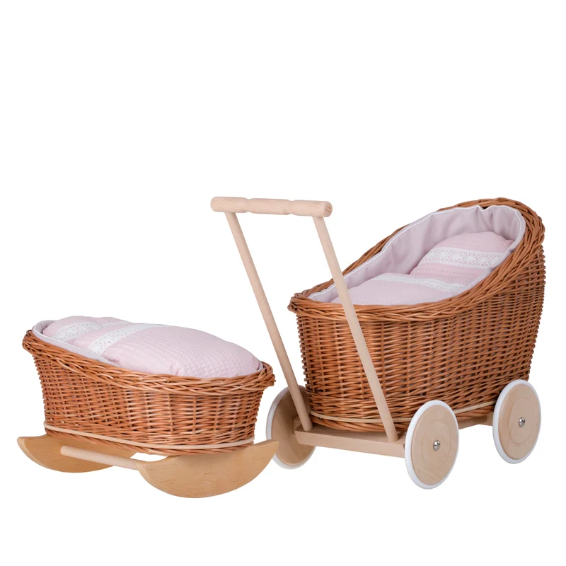 Luna wicker doll stroller and cradle with pink trim, blanket, and pillow TheWickerStories