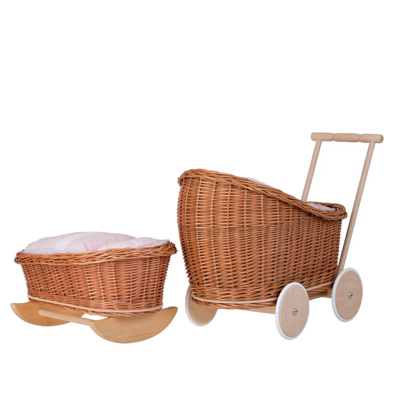 Luna wicker doll stroller and cradle with pink trim, blanket, and pillow TheWickerStories