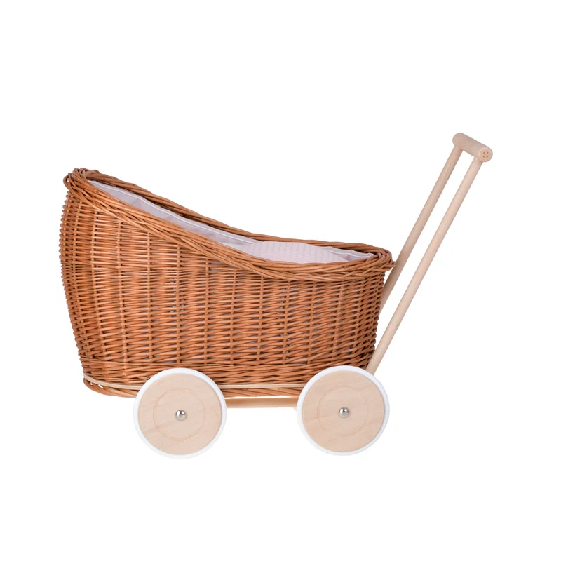 Luna wicker doll stroller and cradle with pink trim, blanket, and pillow TheWickerStories