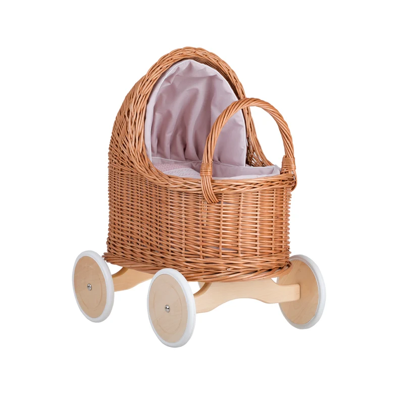 Lara wicker doll stroller with pink trim, blanket, and pillow TheWickerStories