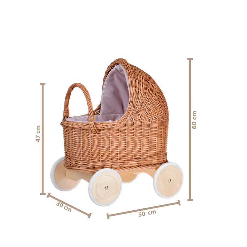 Lara wicker doll stroller with pink trim, blanket, and pillow TheWickerStories