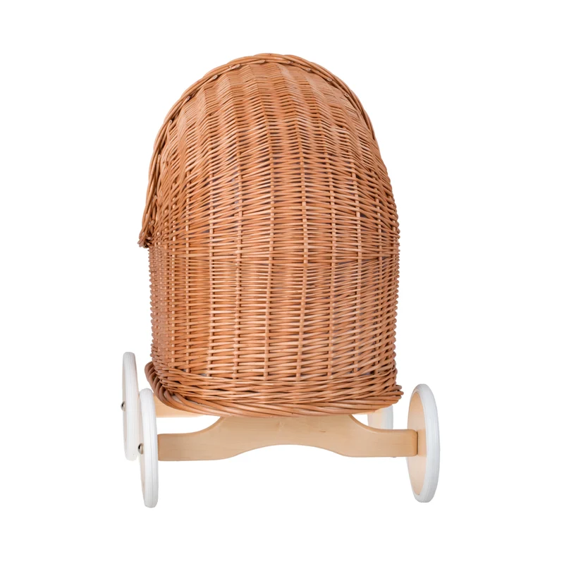 Lara wicker doll stroller with pink trim, blanket, and pillow TheWickerStories