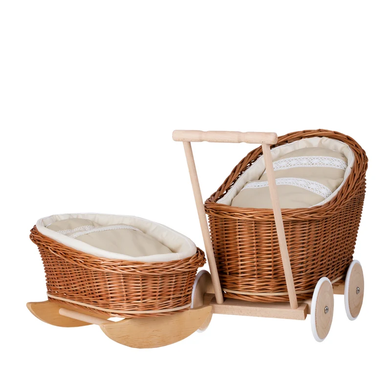 Luna wicker stroller and doll cradle with beige trim, blanket, and pillow TheWickerStories